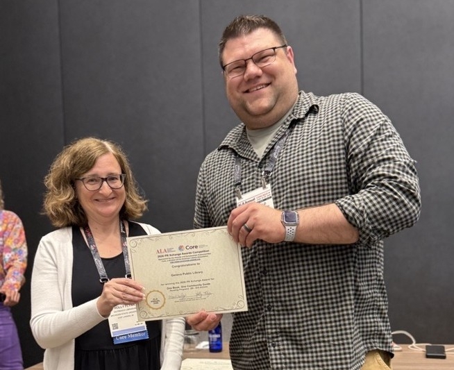 Geneva Public Library Marketing Coordinator Alex Hanold receiving the PR Xchange Award from co-chair Holly Flynn at the 2026 ALA Annual Conference in Chicago.