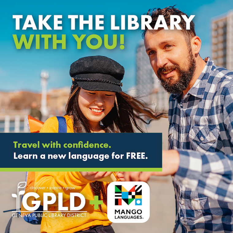Take the library with you. Travel with confidence. Learn a new language for free. Geneva Public Library District and Mango Languages. A woman asking a man for directions.