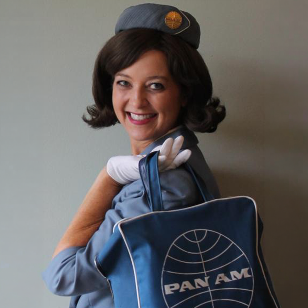 Leslie Goddard dressed as Betty, the Pan-Am Stewardess.