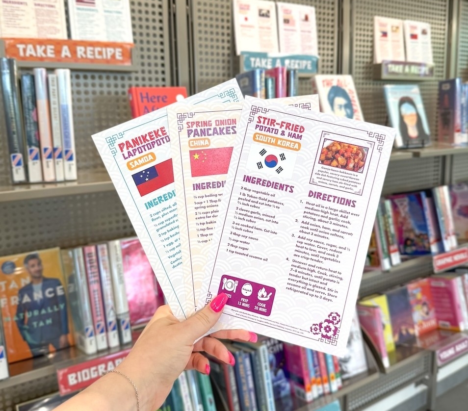 Three recipe cards in front of the AAPI heritage month.