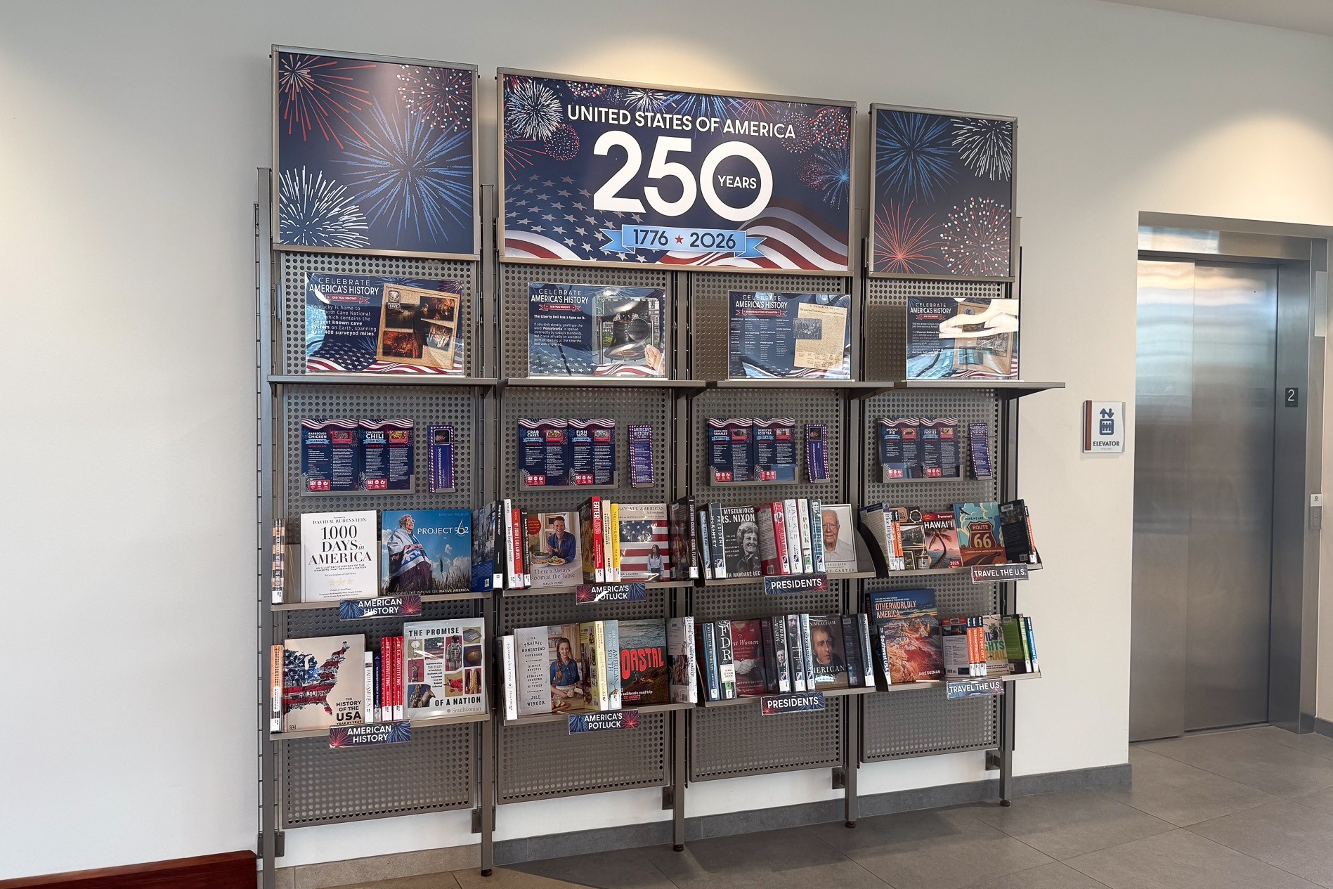 America 250 display on the Library's second floor.