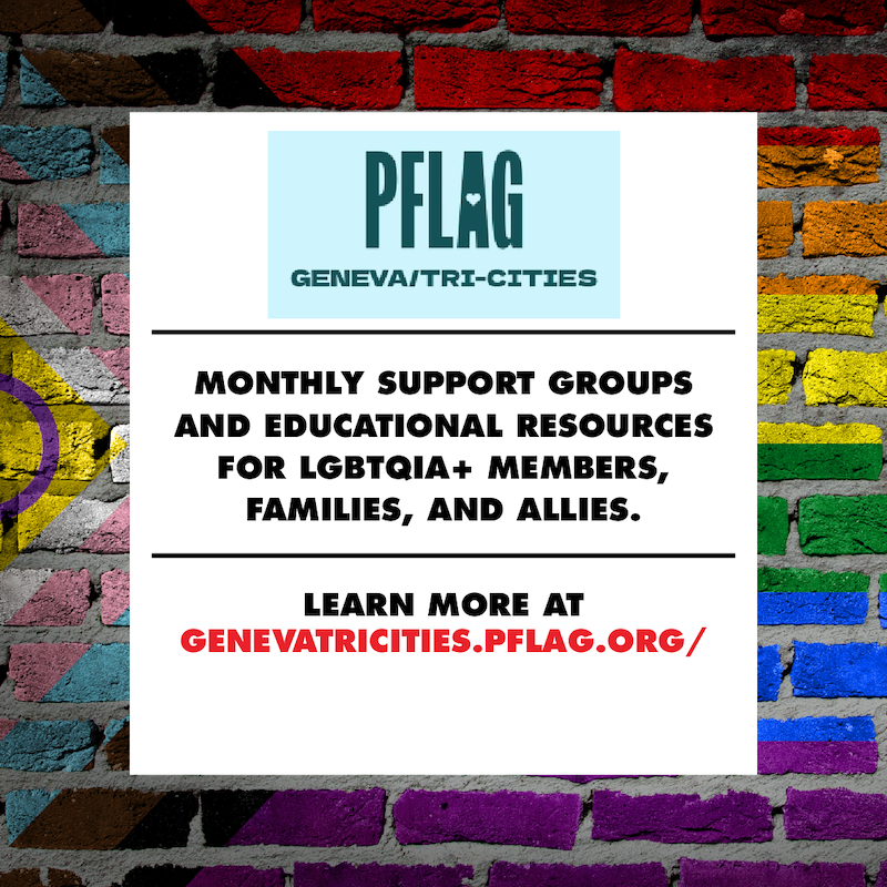 P Flag. Geneva and Tri Cities. Monthly support groups and educational resources for LGBTQIA Plus members, families, and allies. Learn more at Genevatricities.pflag.org.