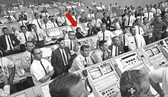 Black and white photo of NASA employees