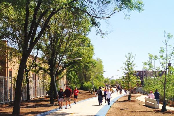 People walking along the 606 trail.