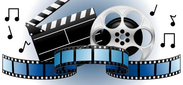 Graphic of film, film reels, and music notes.
