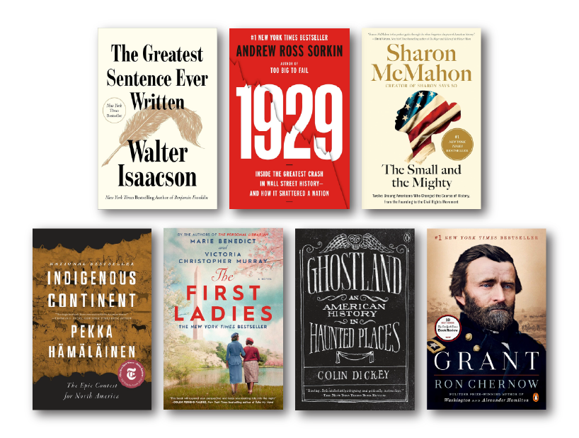 Collage of books celebrating America's 250th anniversary.
