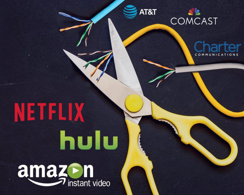 Scissors cutting a cable cord surrounded by streaming service logos