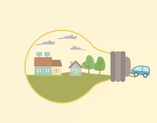 Graphic of car going into a lightbulb filled with homes.