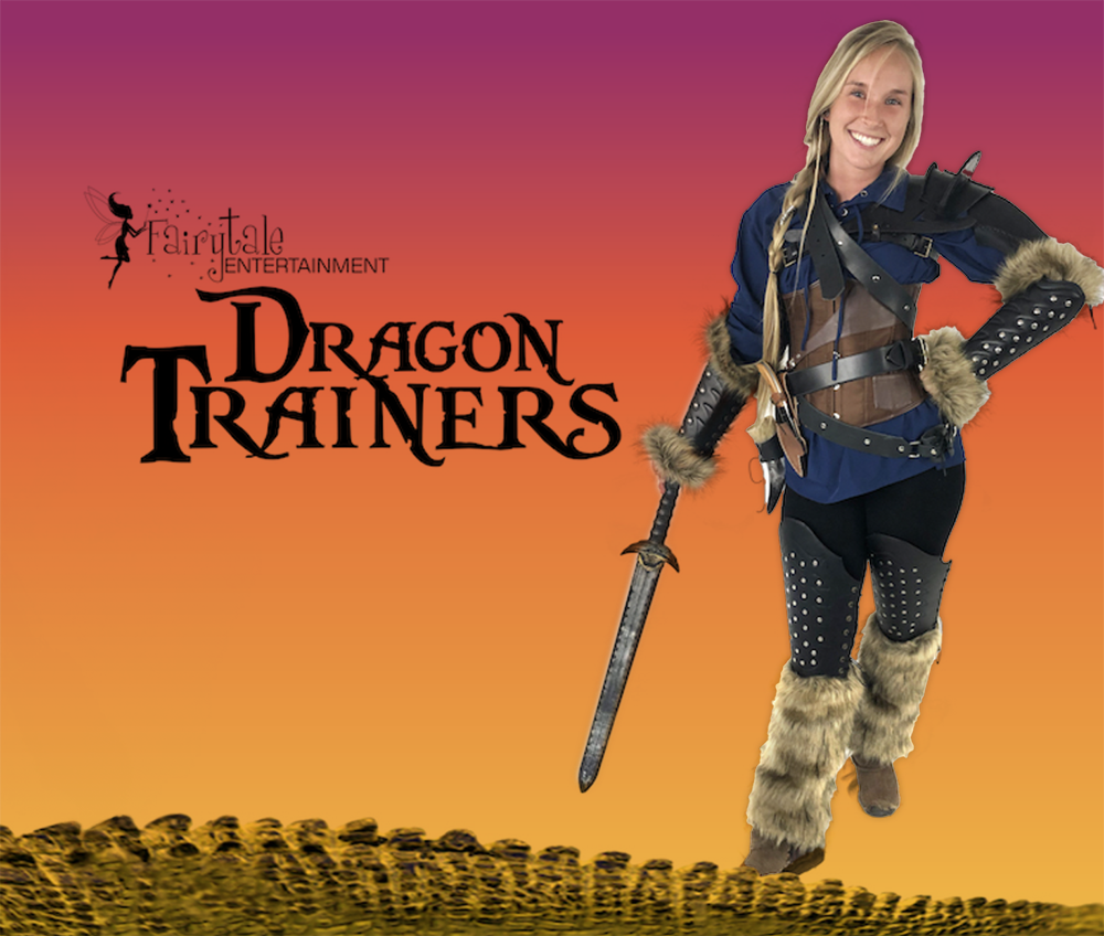 Dragon Trainer holding a sword with her hand on her waist dressed in viking warrior clothes.