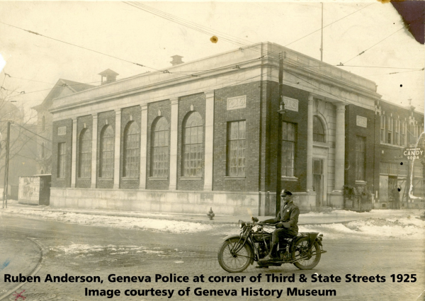 Ruebn Anderson, Geneva Policeman at the corner of Third & State Streets 1925.