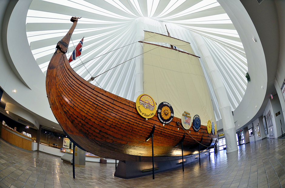 Hjemkomst Viking ship on display.