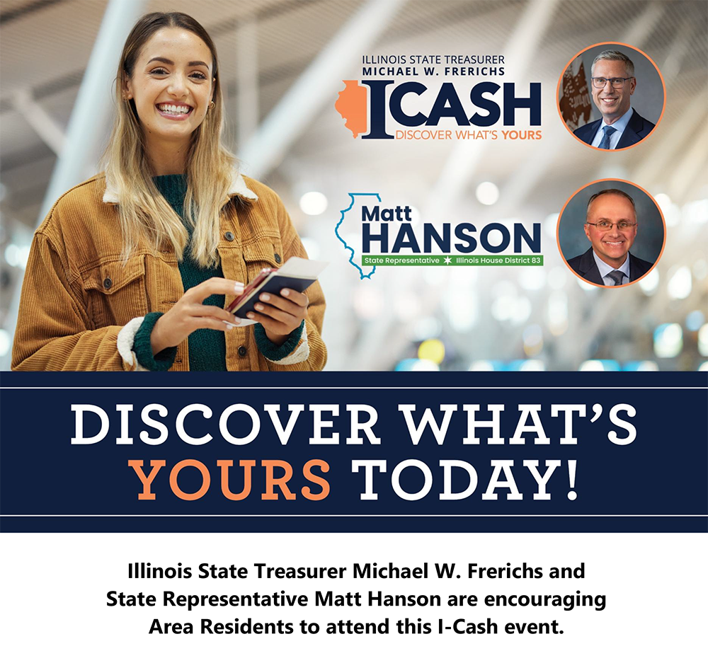 Discover What's Yours Today! promotional image for State Rep. Matt Hanson mobile office hours featuring Illinois State Treasurer Michael W. Frerichs.