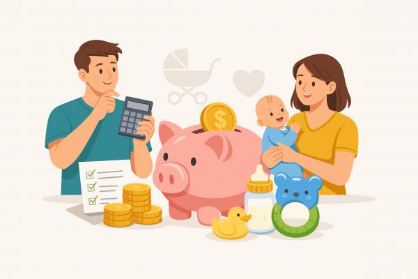 Graphic of two parents and their baby with an assortment of baby items and money.