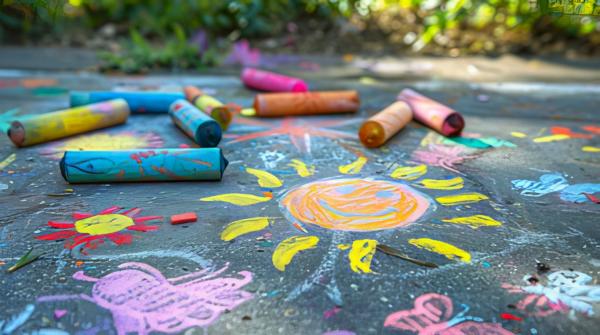 Sidewalk covered in chalk and drawings.