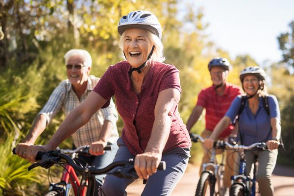 Senoirs smiling and riding their bikes.