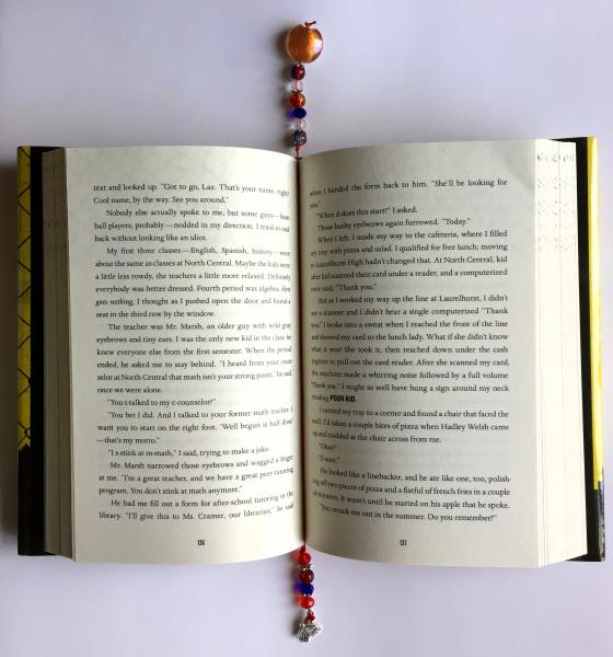 Beaded bookmark in an open book.