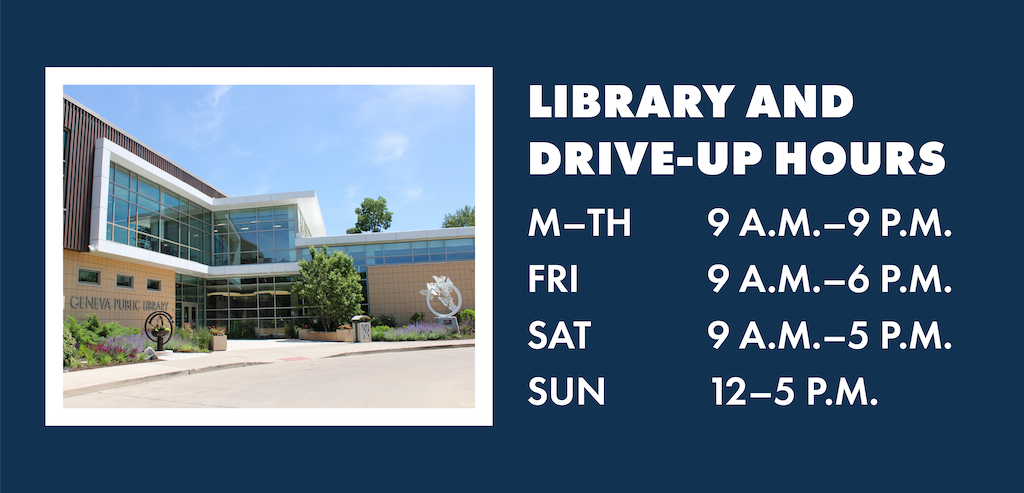 A photo of the front of the library building. Library and Drive Up Hours. Monday through Thursday 9 am to 9 pm. Friday 9 am to 5 pm. Saturday 9 am to 5 pm. Sunday 12 pm to 5 pm.