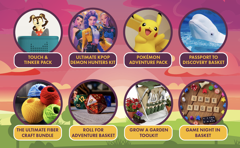 An image displaying eight themed activity packs: Touch & Tinker Pack, Ultimate Kpop Demon Hunters Kit, Pokémon Adventure Pack, Passport to Discovery Basket, The Ultimate Fiber Craft Bundle, Roll for Adventure Basket, Grow a Garden Toolkit, and Game Night in Basket, all set against a vibrant background.