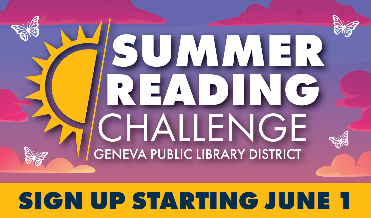 Summer Reading Challenge. Geneva Public Library District. Sign up starting June 1.