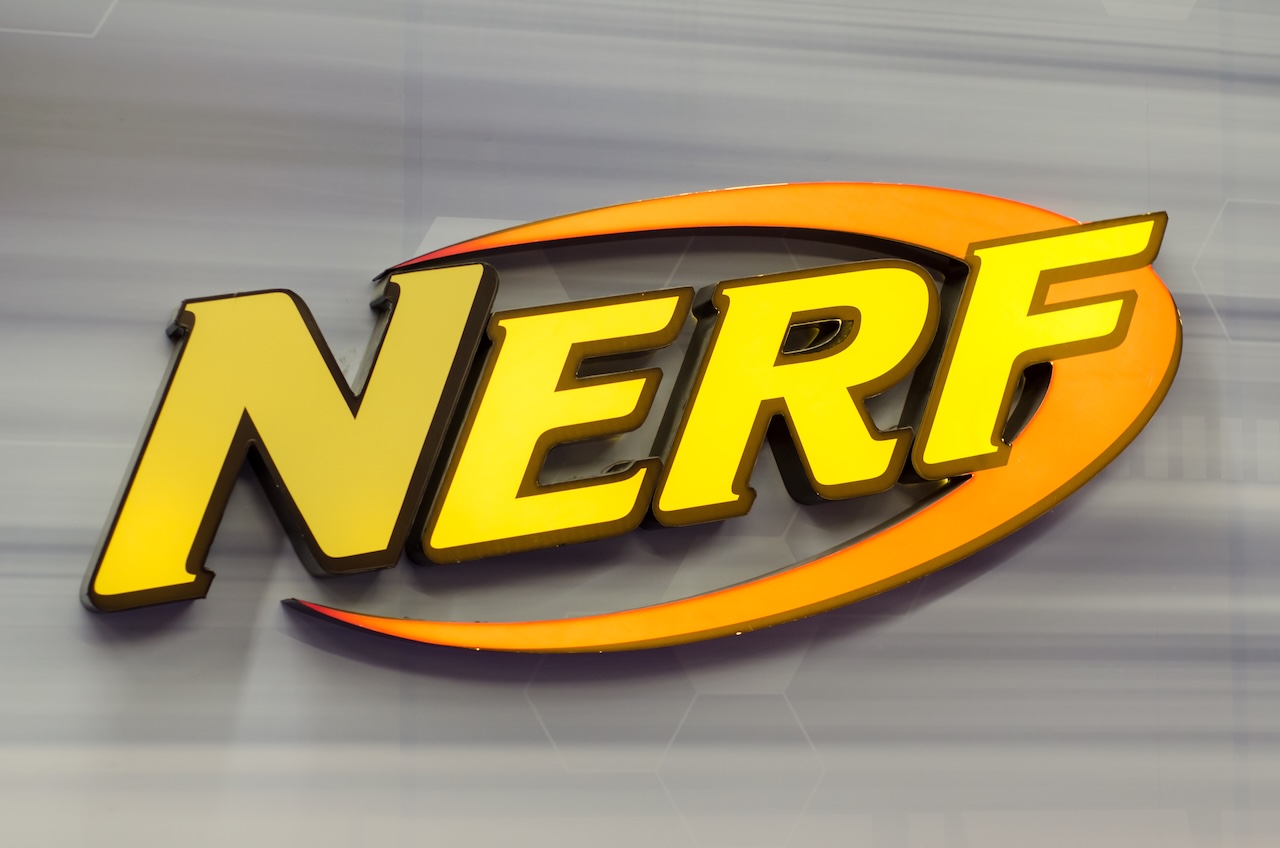 Nerf logo against a gray background.