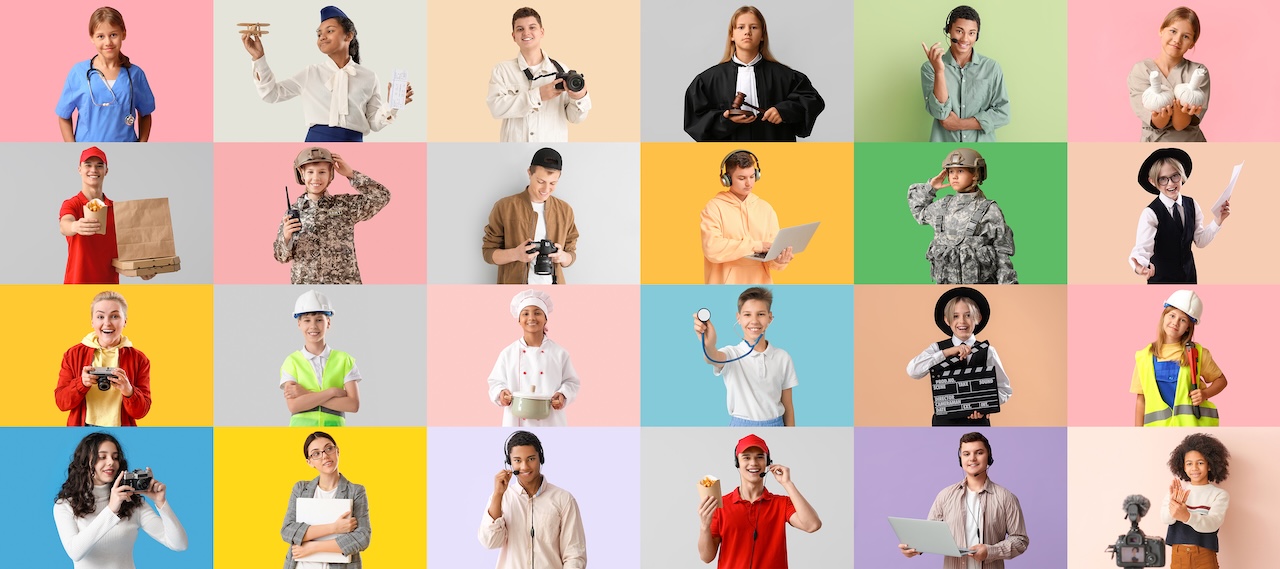 Teens wearing different professional clothing against color background.